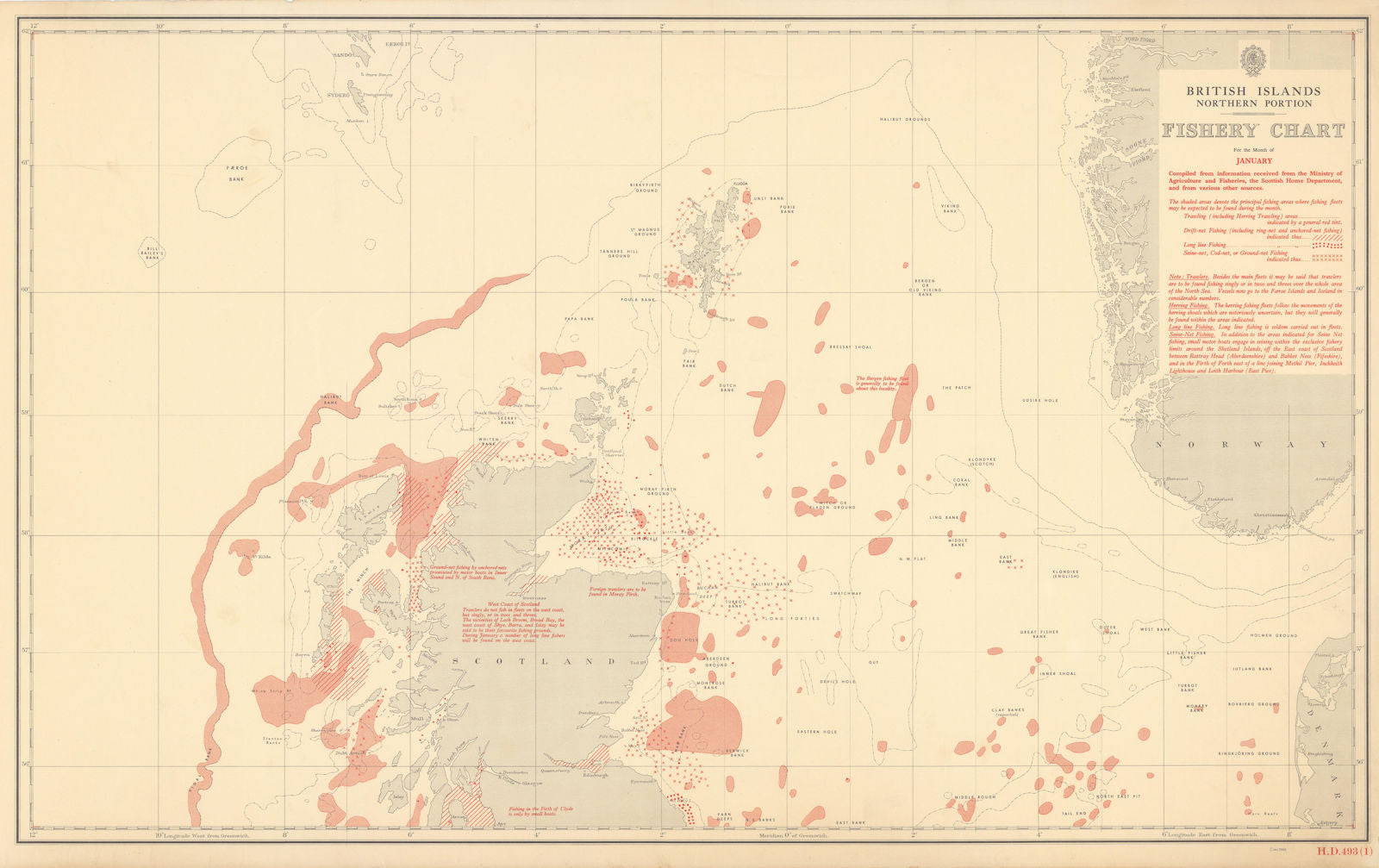 British Isles North January Fishery Chart Scotland North Sea Atlantic 1953 map
